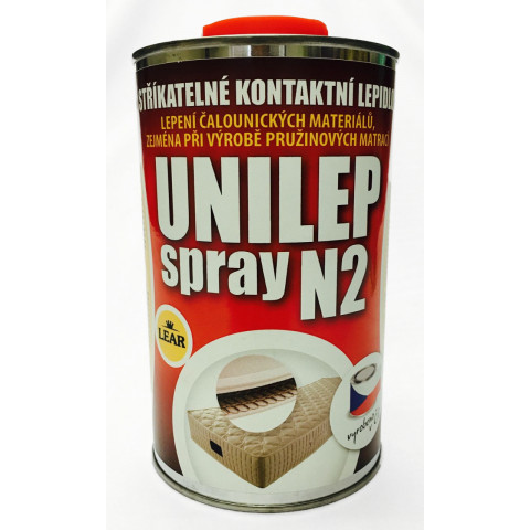 Stříkací kontaktní lepidlo. Vhodné pro lepení čalounické materiálů, zejména při výrobě pružinových matrací. Unilep Spray N2 je kontaktní lepidlo pro jedno nebo oboustranné kontaktní lepení čalounické materiálů (PUR pěny, textil, dřevo apod.). Suchý film lepidla je elastický a vodovzdorný. Lepidlo obsahuje nehořlavé rozpouštědlo. V nabídce balení 1,2 kg.