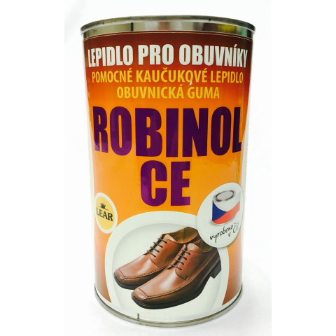 Lepidlo pro obuvníky, pomocné kaučukové lepidlo. ROBINOL CE lepí kůži, gumu, PUR pěny, textilie a papír. Vhodný na zaklepáváním kůže a na čalounické práce. Konečnou pevnost dosáhne spoj po 24 hodinách. Spoj je pružný a odolný vůči vodě. V nabídce balení 1 l.